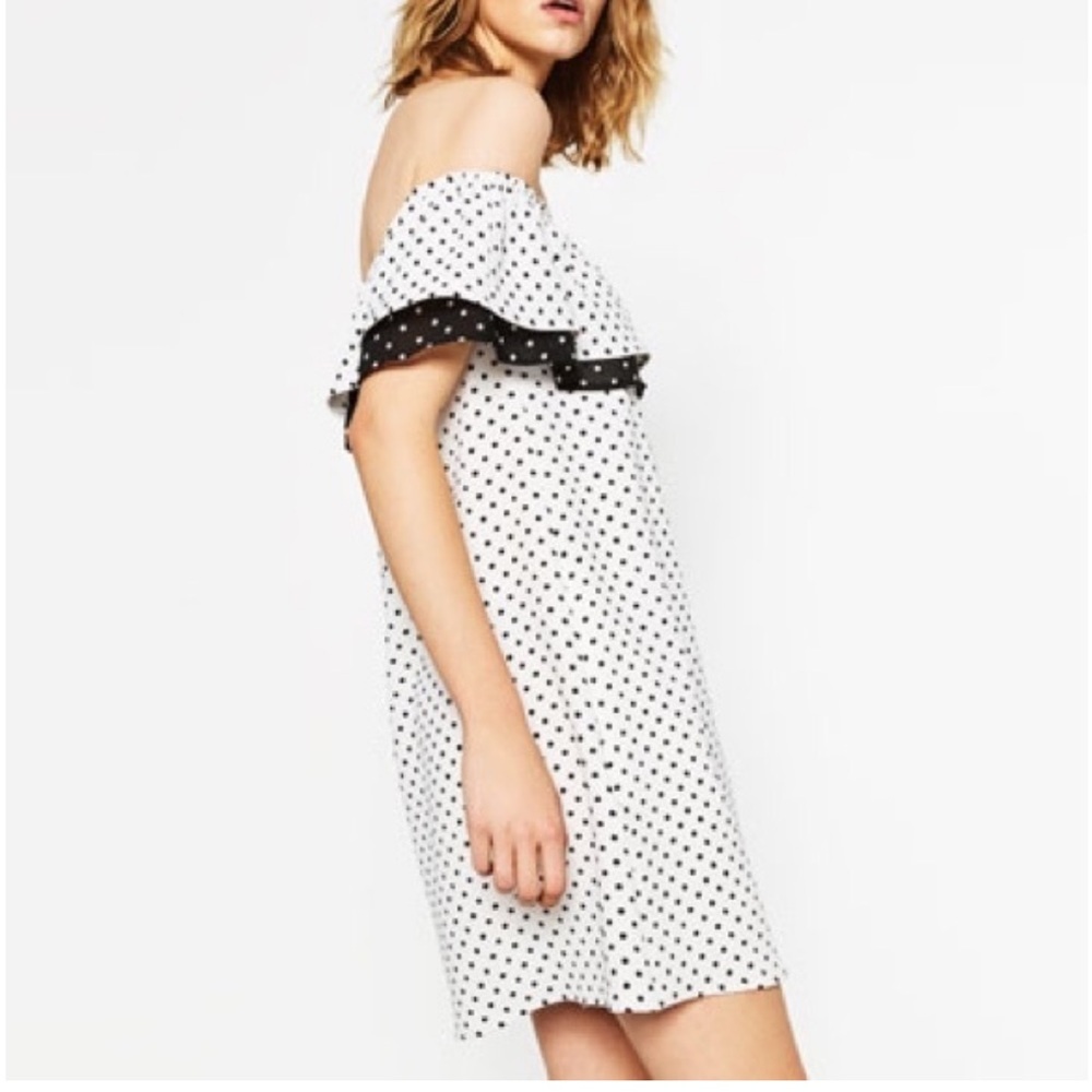 🔵SALE 3/$25 ZARA BASIC COLLECTION POLKADOT BLACK WHITE OFF THE SHOULDER DRESS M